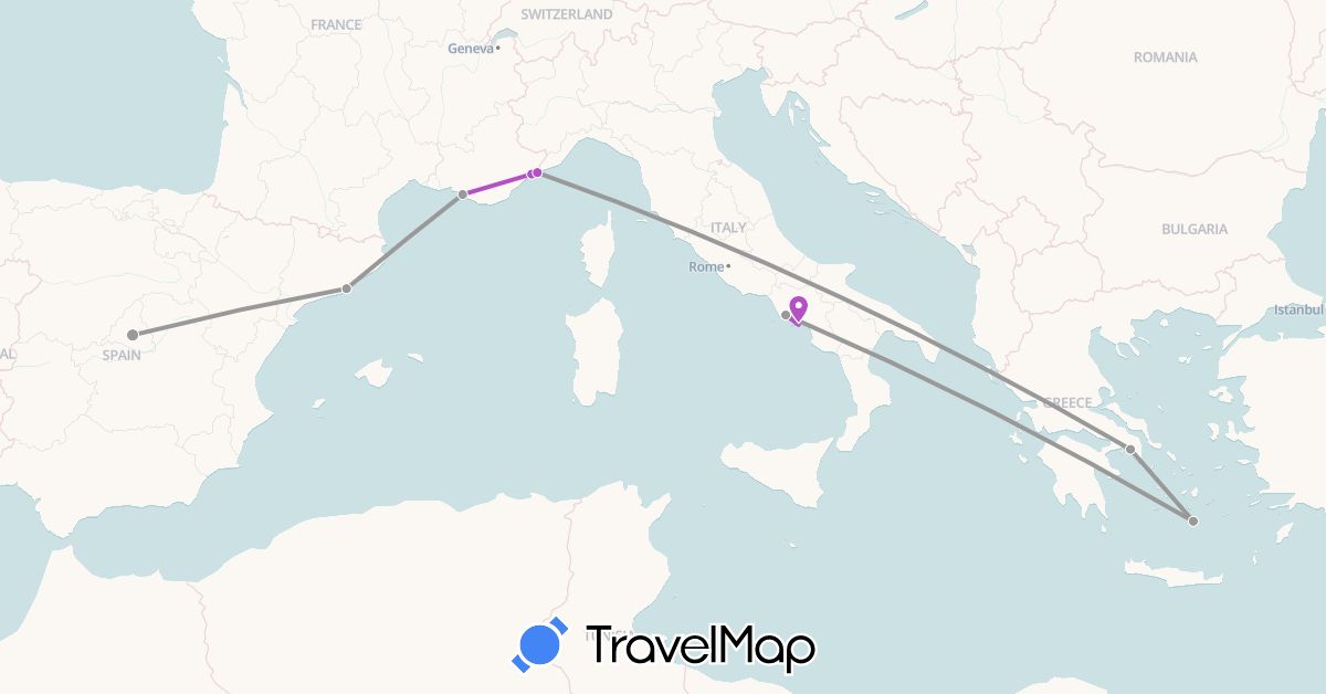 TravelMap itinerary: driving, plane, train in Spain, France, Greece, Italy, Monaco (Europe)